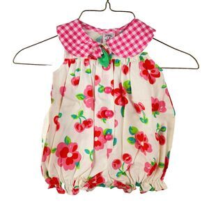 Vintage Bon-Ton Baby Girls 3-6M Bubble Romper Pink Red Cherries Plaid Collar NWT